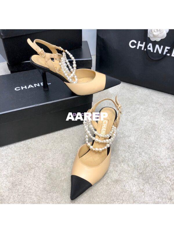 Replica Chanel Lambskin Slingbacks with Pearls High Heels G37532 Beige 3