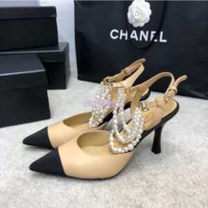 Replica Chanel Lambskin Slingbacks with Pearls High Heels G37532 Beige 2