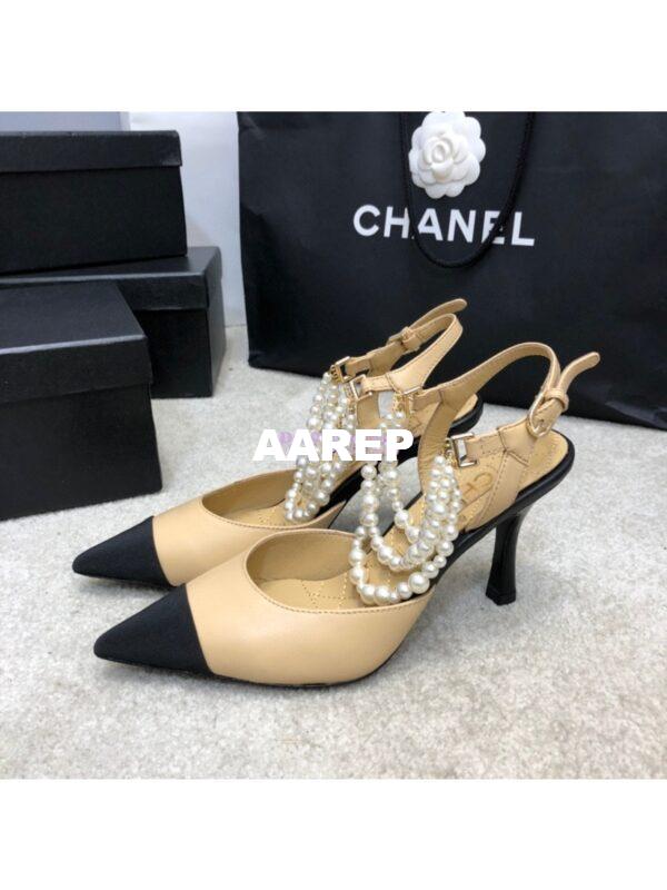 Replica Chanel Lambskin Slingbacks with Pearls High Heels G37532 Beige 4