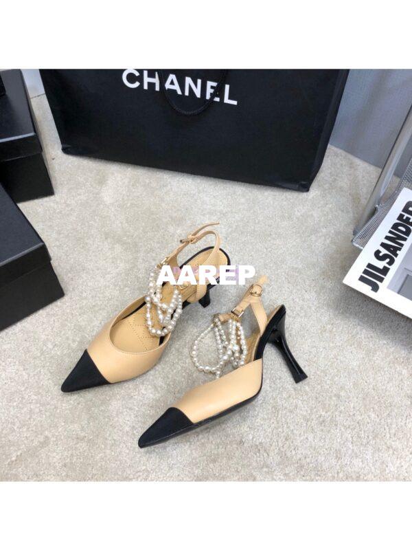 Replica Chanel Lambskin Slingbacks with Pearls High Heels G37532 Beige 5