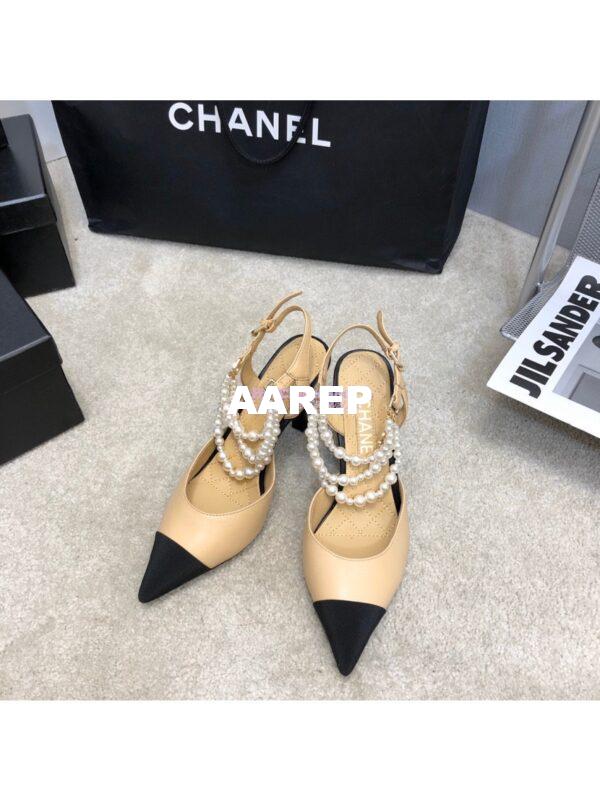 Replica Chanel Lambskin Slingbacks with Pearls High Heels G37532 Beige 6