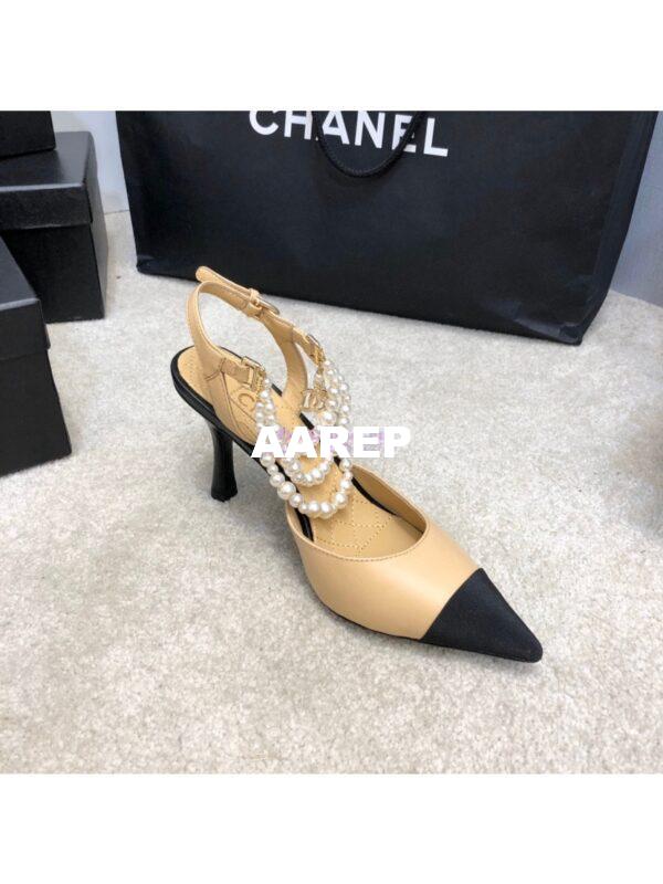 Replica Chanel Lambskin Slingbacks with Pearls High Heels G37532 Beige 7