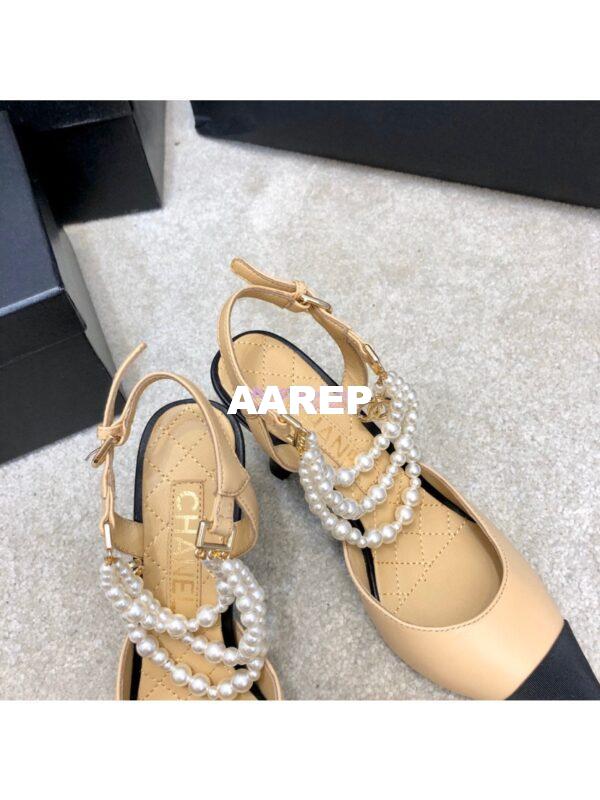 Replica Chanel Lambskin Slingbacks with Pearls High Heels G37532 Beige 9