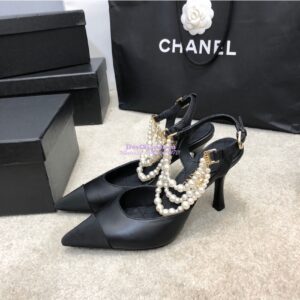 Replica Chanel Lambskin Slingbacks with Pearls High Heels G37532 Black