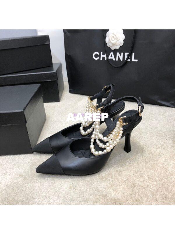 Replica Chanel Lambskin Slingbacks with Pearls High Heels G37532 Black