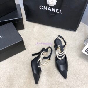 Replica Chanel Lambskin Slingbacks with Pearls High Heels G37532 Black 2