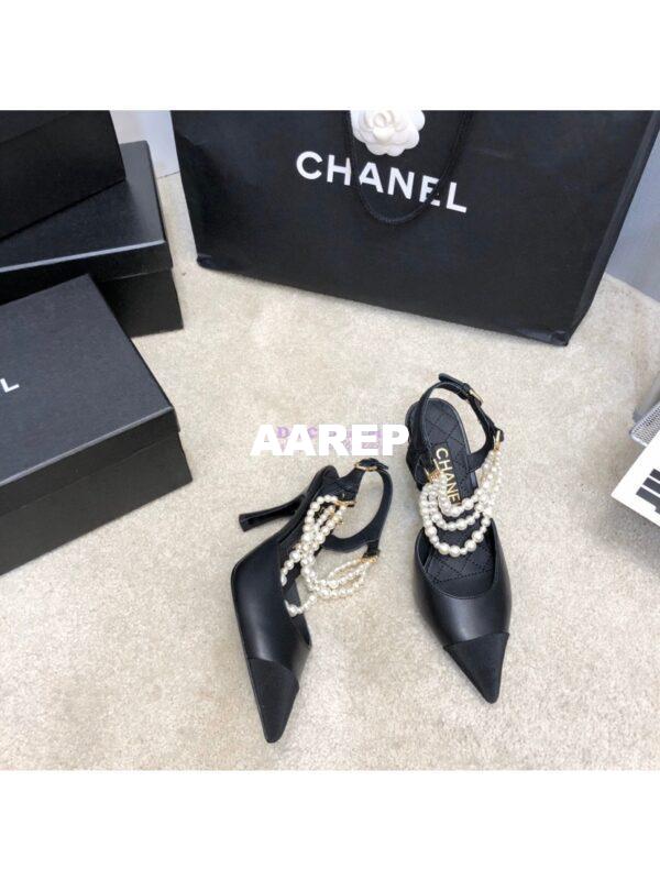 Replica Chanel Lambskin Slingbacks with Pearls High Heels G37532 Black 2