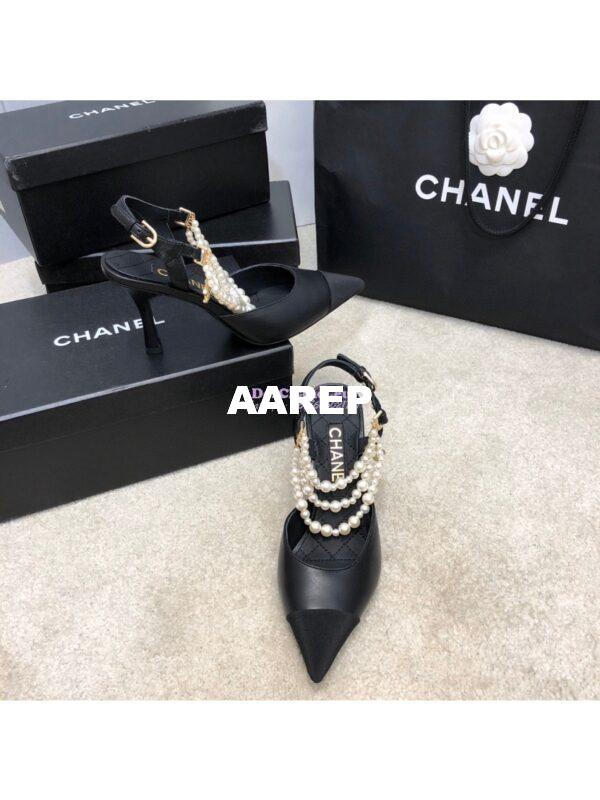 Replica Chanel Lambskin Slingbacks with Pearls High Heels G37532 Black 5
