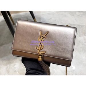 Replica YSL Saint Laurent Kate Chain Wallet With Tassel In Laminated Leather 452159 Brown Metallic