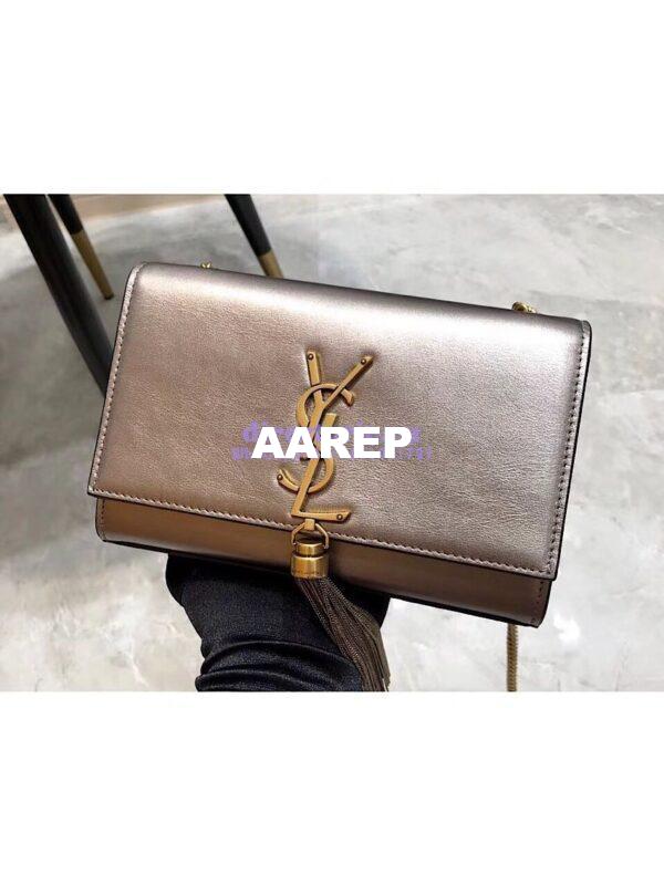 Replica YSL Saint Laurent Kate Chain Wallet With Tassel In Laminated Leather 452159 Brown Metallic