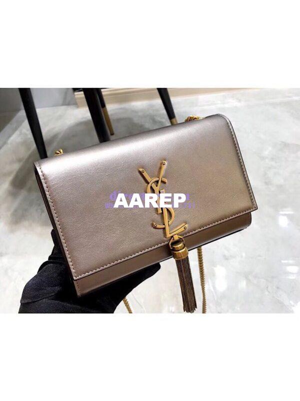 Replica YSL Saint Laurent Kate Chain Wallet With Tassel In Laminated Leather 452159 Brown Metallic 8