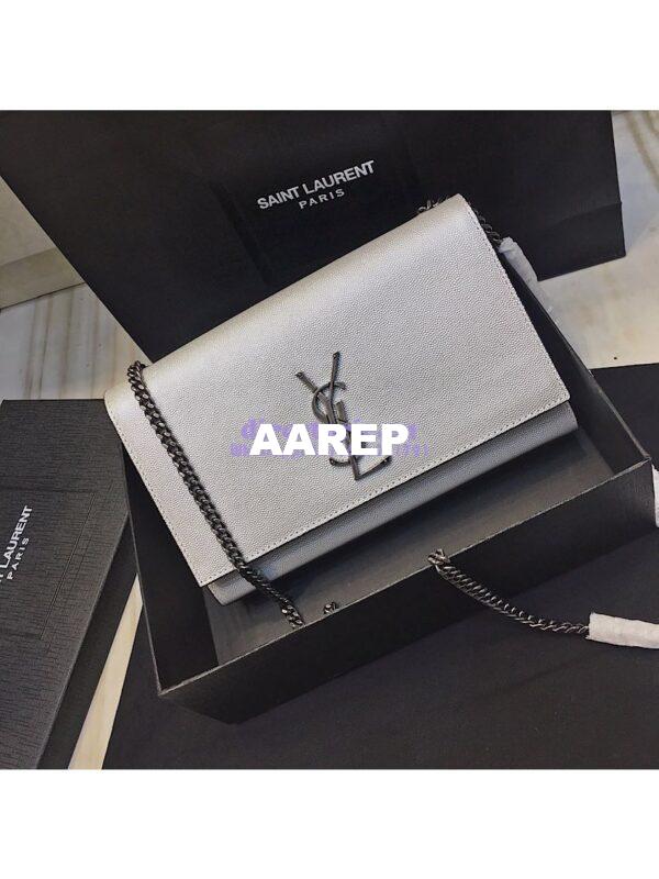 Replica YSL Saint Laurent Classic Medium Kate Silver Hardware In Grained De Poudre Textured Leather Pearly Silver 3