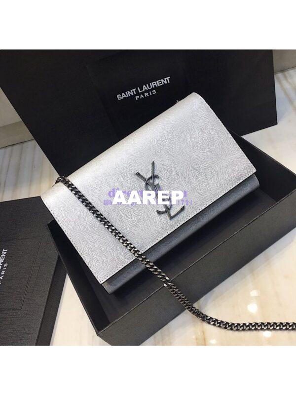 Replica YSL Saint Laurent Classic Medium Kate Silver Hardware In Grained De Poudre Textured Leather Pearly Silver 4