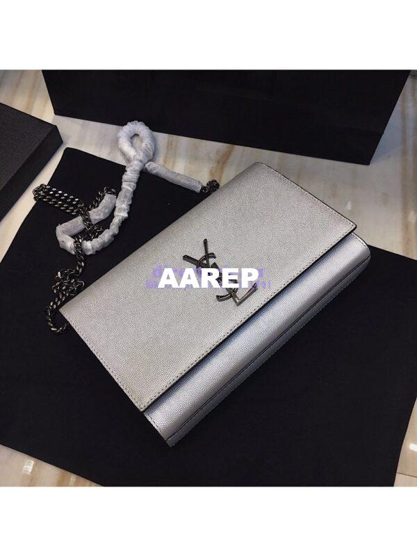 Replica YSL Saint Laurent Classic Medium Kate Silver Hardware In Grained De Poudre Textured Leather Pearly Silver 5
