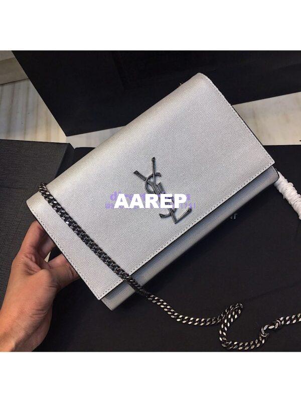 Replica YSL Saint Laurent Classic Medium Kate Silver Hardware In Grained De Poudre Textured Leather Pearly Silver 6