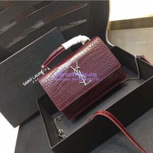 Replica Saint Laurent YSL Sunset Chain Wallet In Shiny Crocodile-embossed Leather 533026 Wine