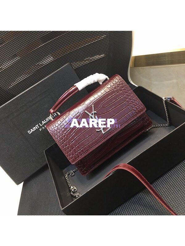 Replica Saint Laurent YSL Sunset Chain Wallet In Shiny Crocodile-embossed Leather 533026 Wine 3