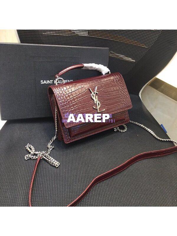 Replica Saint Laurent YSL Sunset Chain Wallet In Shiny Crocodile-embossed Leather 533026 Wine 4