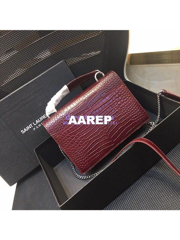 Replica Saint Laurent YSL Sunset Chain Wallet In Shiny Crocodile-embossed Leather 533026 Wine 13