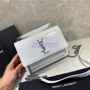 Replica Saint Laurent YSL Sunset Chain Wallet In Shiny Crocodile-embossed Leather 533026 White