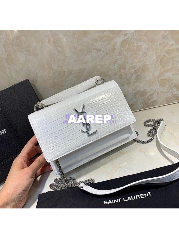 Replica Saint Laurent YSL Sunset Chain Wallet In Shiny Crocodile-embossed Leather 533026 White 3