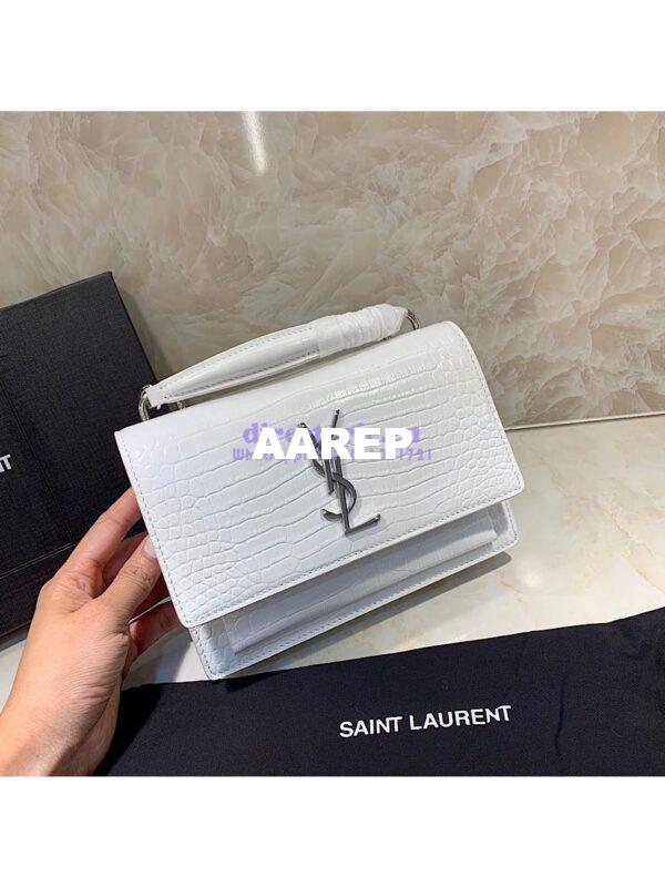 Replica Saint Laurent YSL Sunset Chain Wallet In Shiny Crocodile-embossed Leather 533026 White 4