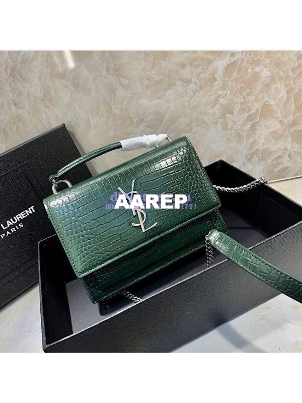 Replica Saint Laurent YSL Sunset Chain Wallet In Shiny Crocodile-embossed Leather 533026 Green 3