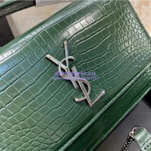Replica Saint Laurent YSL Sunset Chain Wallet In Shiny Crocodile-embossed Leather 533026 Green 2
