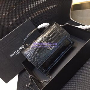 Replica Saint Laurent YSL Sunset Chain Wallet In Shiny Crocodile-embossed Leather 533026 Black