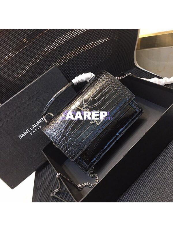 Replica Saint Laurent YSL Sunset Chain Wallet In Shiny Crocodile-embossed Leather 533026 Black 3