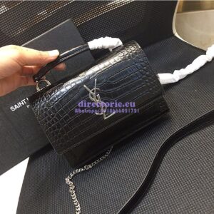 Replica Saint Laurent YSL Sunset Chain Wallet In Shiny Crocodile-embossed Leather 533026 Black 2