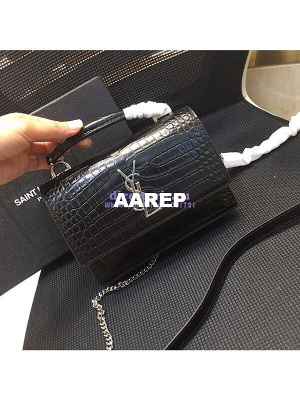 Replica Saint Laurent YSL Sunset Chain Wallet In Shiny Crocodile-embossed Leather 533026 Black 4