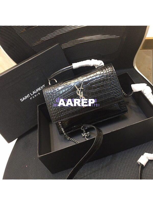 Replica Saint Laurent YSL Sunset Chain Wallet In Shiny Crocodile-embossed Leather 533026 Black 5