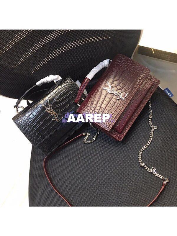 Replica Saint Laurent YSL Sunset Chain Wallet In Shiny Crocodile-embossed Leather 533026 Black 6
