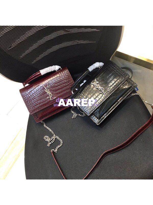 Replica Saint Laurent YSL Sunset Chain Wallet In Shiny Crocodile-embossed Leather 533026 Black 7