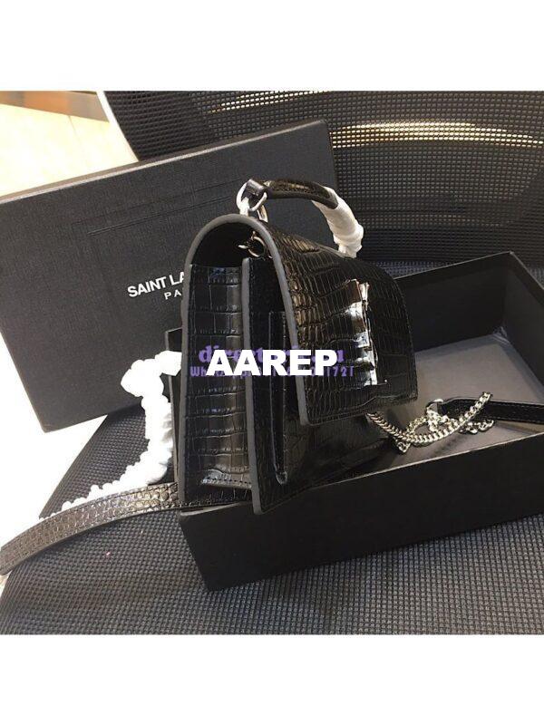 Replica Saint Laurent YSL Sunset Chain Wallet In Shiny Crocodile-embossed Leather 533026 Black 9