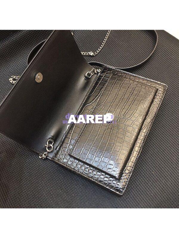 Replica Saint Laurent YSL Sunset Chain Wallet In Shiny Crocodile-embossed Leather 533026 Black 12