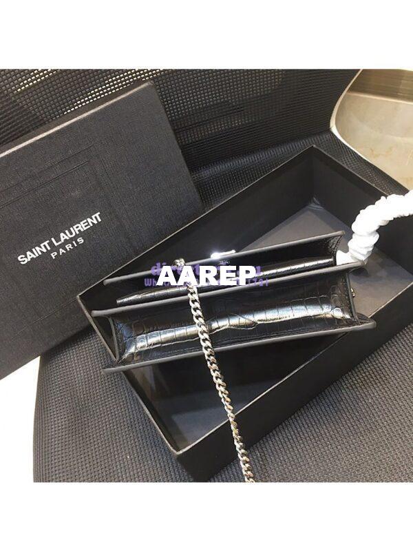 Replica Saint Laurent YSL Sunset Chain Wallet In Shiny Crocodile-embossed Leather 533026 Black 14
