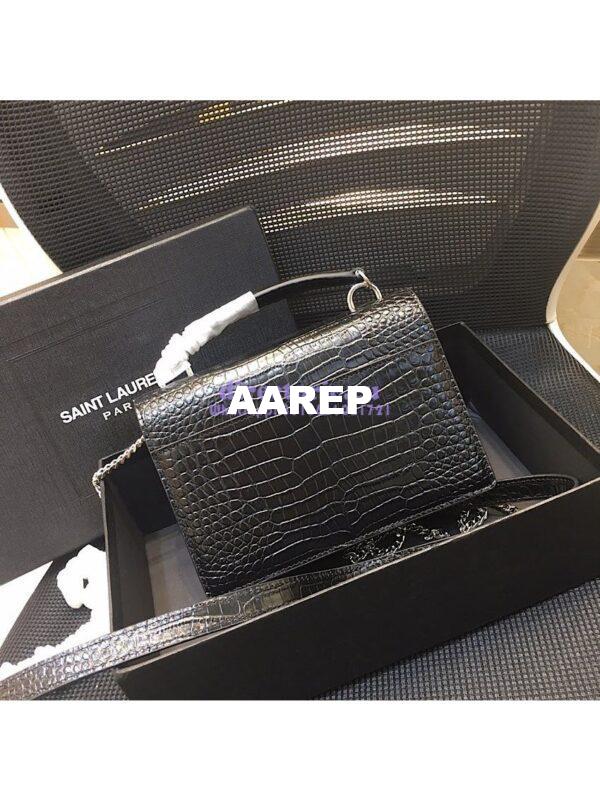 Replica Saint Laurent YSL Sunset Chain Wallet In Shiny Crocodile-embossed Leather 533026 Black 15