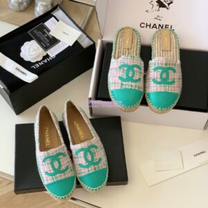 Replica Chanel Tweed and Lambskin Green Pink Espadrilles Sandals G37482