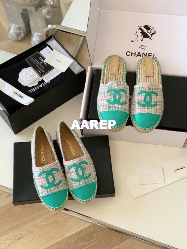 Replica Chanel Tweed and Lambskin Green Pink Espadrilles Sandals G37482