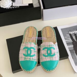 Replica Chanel Tweed and Lambskin Green Pink Espadrilles Sandals G37482 2