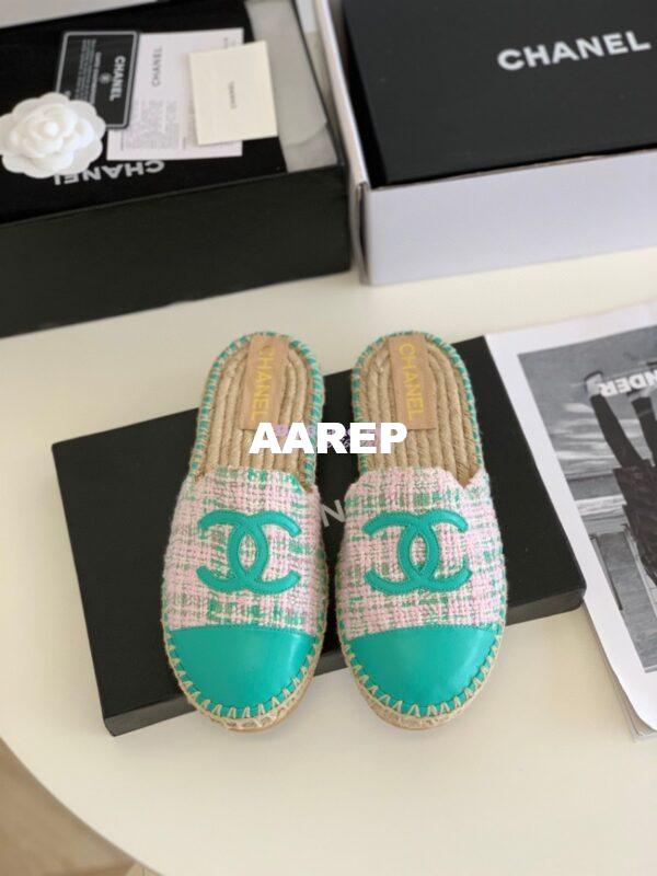 Replica Chanel Tweed and Lambskin Green Pink Espadrilles Sandals G37482 2