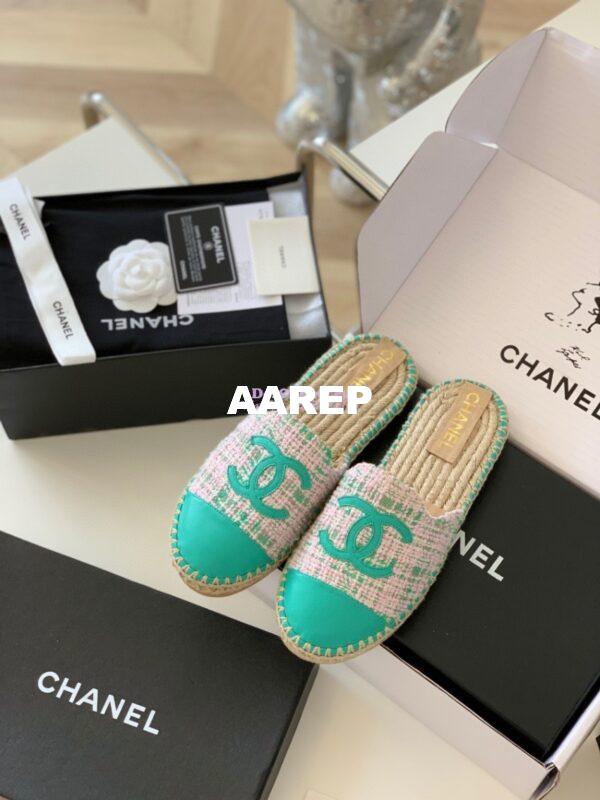 Replica Chanel Tweed and Lambskin Green Pink Espadrilles Sandals G37482 3