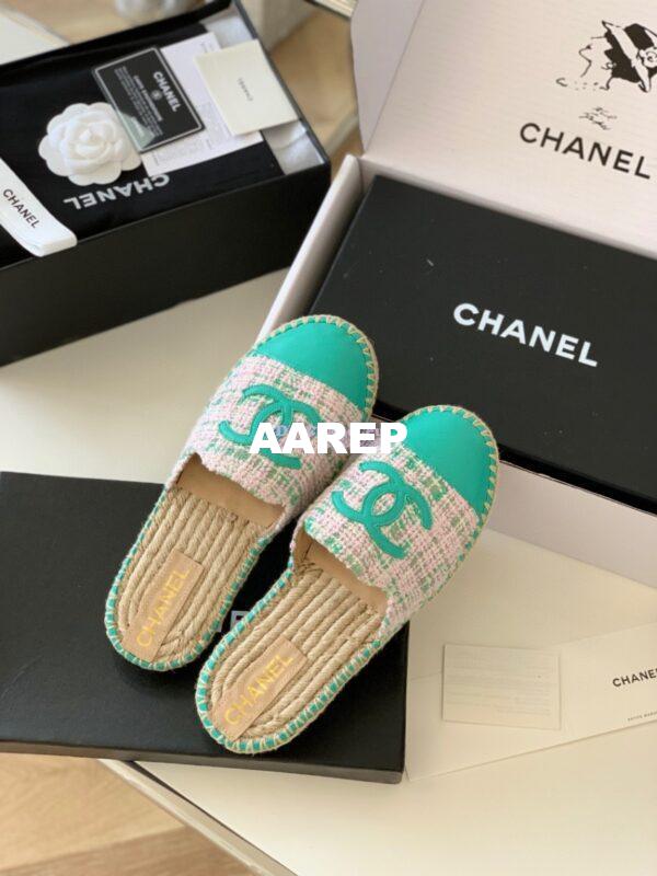 Replica Chanel Tweed and Lambskin Green Pink Espadrilles Sandals G37482 4