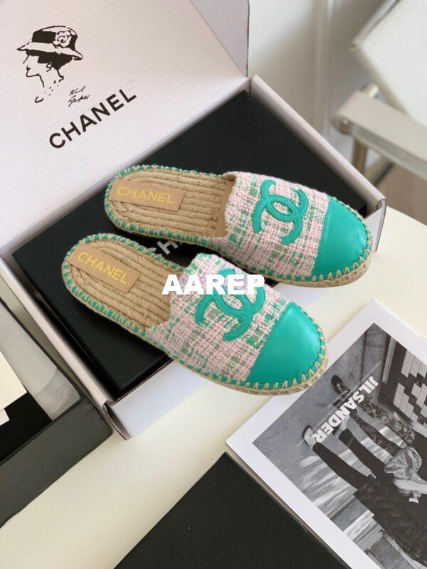 Replica Chanel Tweed and Lambskin Green Pink Espadrilles Sandals G37482 5