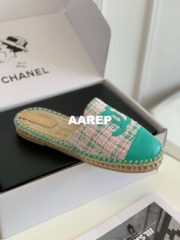 Replica Chanel Tweed and Lambskin Green Pink Espadrilles Sandals G37482 6
