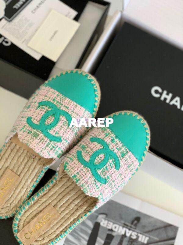 Replica Chanel Tweed and Lambskin Green Pink Espadrilles Sandals G37482 7