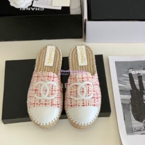 Replica Chanel Tweed and Lambskin White Pink Espadrilles Sandals G37482