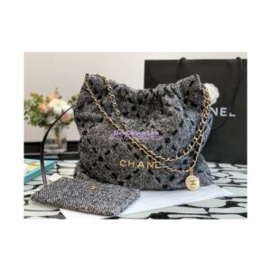 Replica Chanel 22 Handbag Wool Tweed & Gold Metal AS3261 Black and ecru